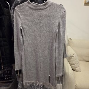 Zara Gray Long Sleeve Knit Dress with Fringe